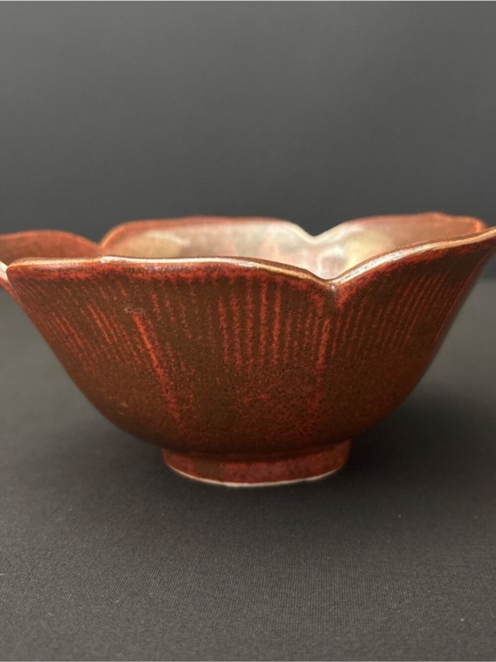 Two-Tone Flower Shaped Bowl Glossy Reddish Brown Glaze Scalloped Rim Ribbed 6"